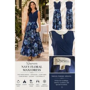 52Seven Navy Floral Maxi Dress Sleeveless Floral Maxi Dress Wedding Guest Size L